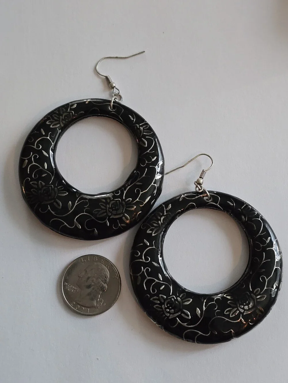 Big earrings dangle hoops circles floral hook earwires dadk grey black silver to
